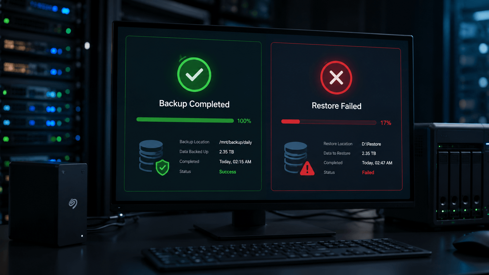 Backup completed but restore failed warning screen