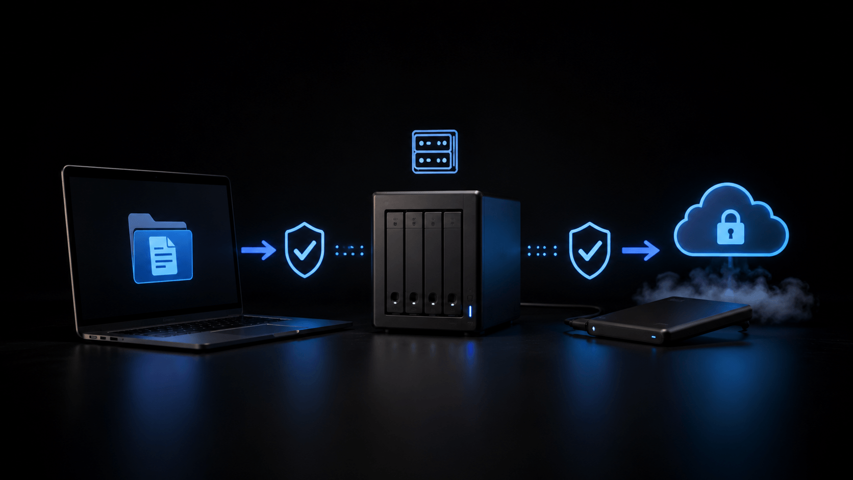Layered backup setup showing local backup, NAS, and protected cloud copy