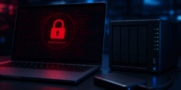 Laptop showing ransomware warning beside NAS and external backup drive
