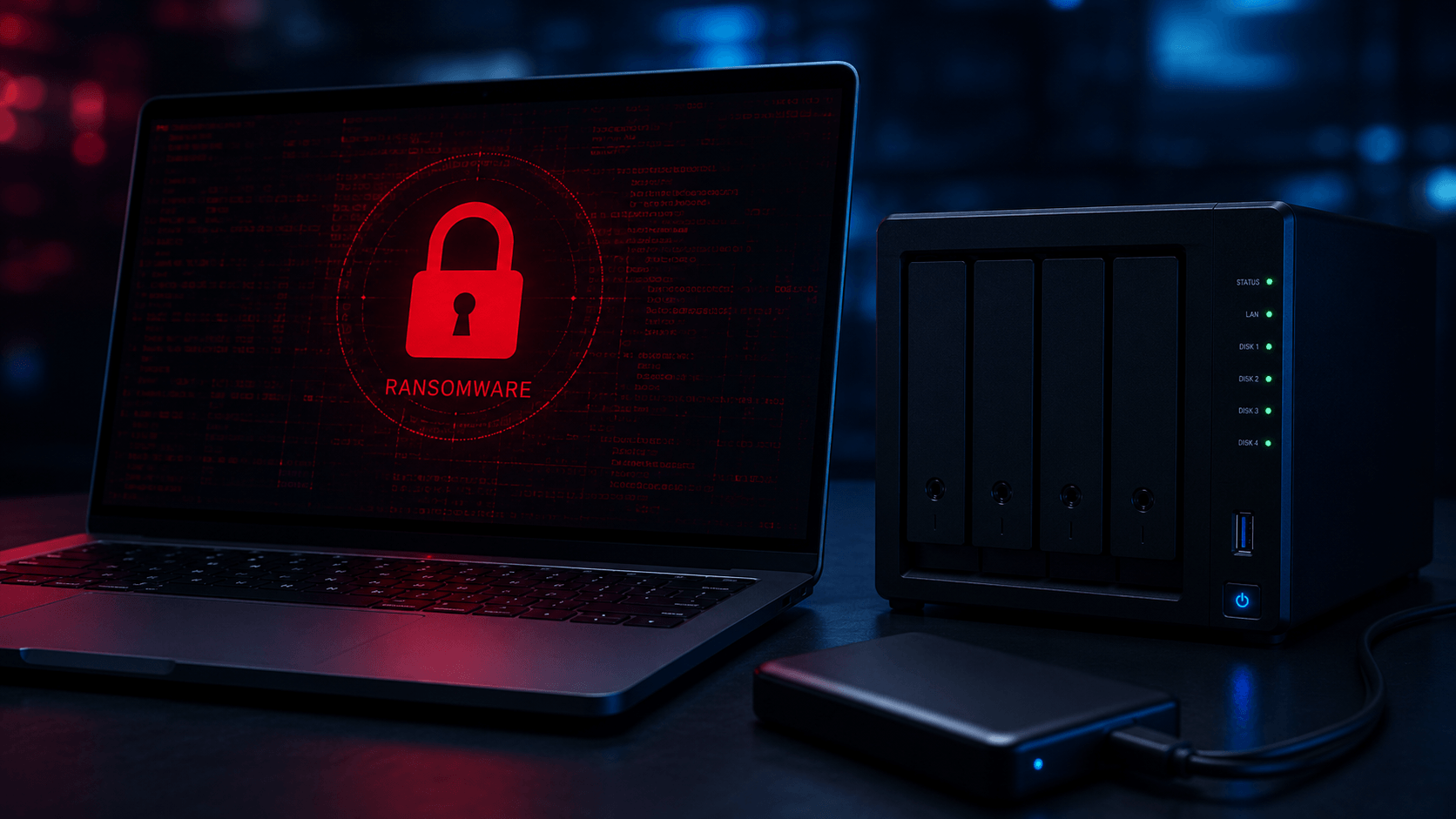 Laptop showing ransomware warning beside NAS and external backup drive